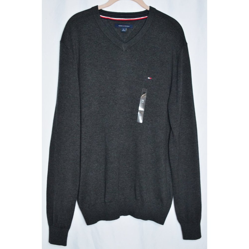 Tommy Hilfiger V-Neck Pullover Sweater 100% Cotton Gray Size M